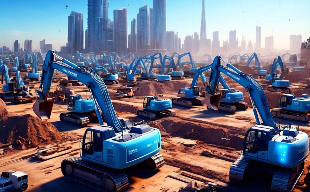 Automated excavators on construction site